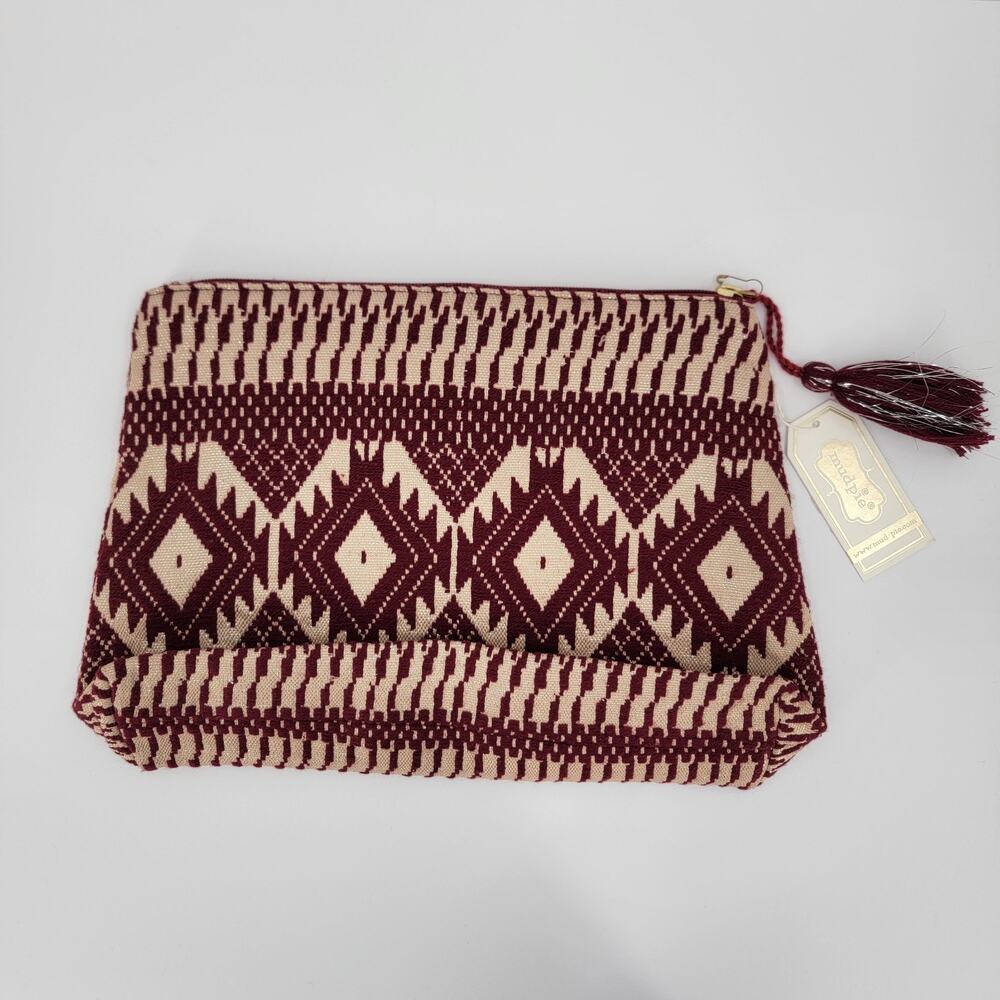 Mud Pie Burgundy Beige Geometric Woven Zip Clutch Pouch Tassel Boho